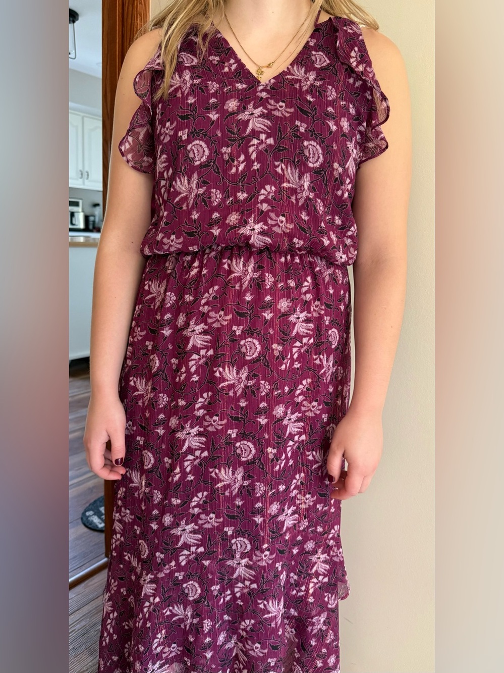Vintage White House Black Market Floral Ruffle Maxi Dress in Plum